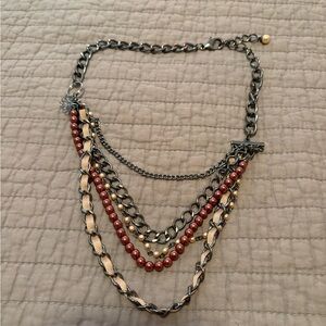 Elegant Multi-Strand Necklace with Red and Gold Accents